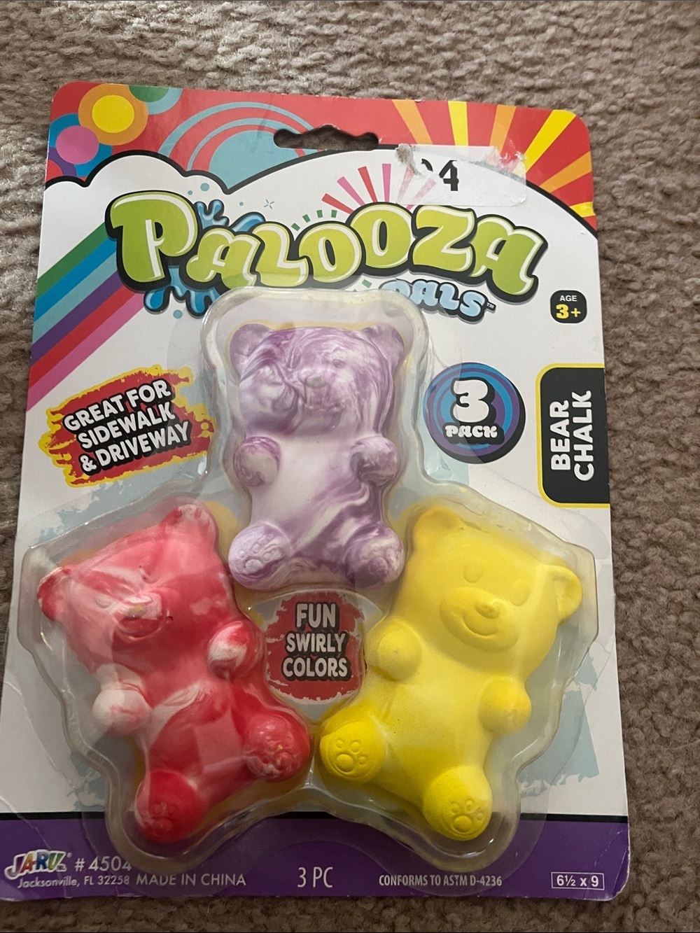 Bear Chalk 3-Pack — Red, Purple, Yellow Kids Sidewalk Chalk
